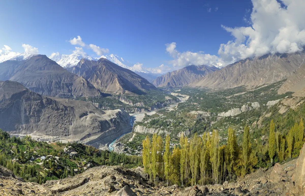 The Hunza Valley from Eagle's Nest: poplars and terraced villages along the river beneath snow-capped Karakoram peaks