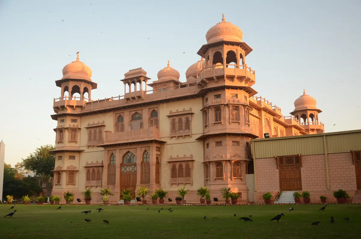 The pink and yellow stone domes of Mohatta Palace in Karachi